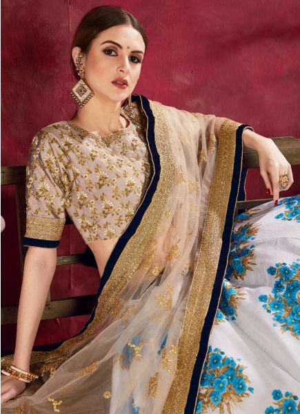 White Banglori Silk Dori, Zari, Sequins, Embroidery Work & Digital Printed Party-Wear Stylish Lehenga Choli