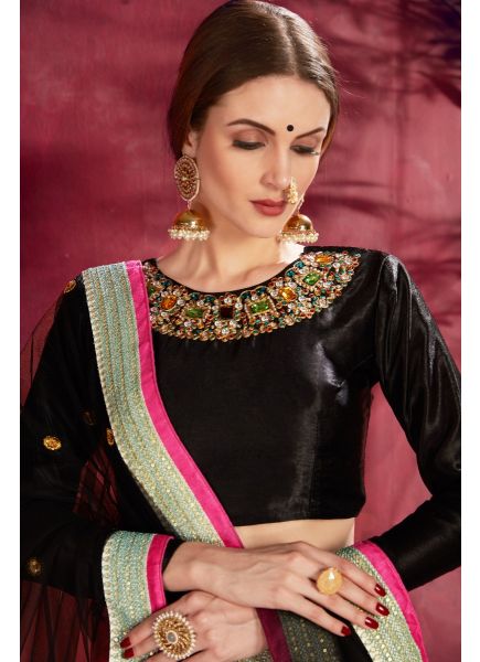 Multicolor Banglori Silk Dori, Zari, Sequins, Embroidery Work & Digital Printed Party-Wear Stylish Lehenga Choli