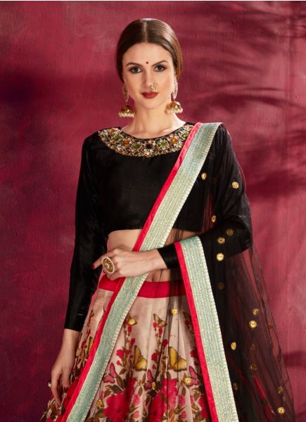 Multicolor Banglori Silk Dori, Zari, Sequins, Embroidery Work & Digital Printed Party-Wear Stylish Lehenga Choli