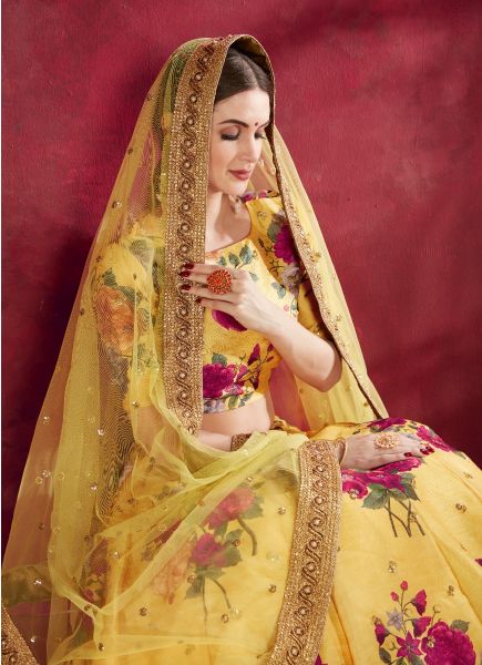 Yellow Banglori Silk Dori, Zari, Sequins, Embroidery Work & Digital Printed Party-Wear Stylish Lehenga Choli