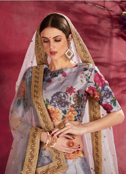 Gray Banglori Silk Dori, Zari, Sequins, Embroidery Work & Digital Printed Party-Wear Stylish Lehenga Choli