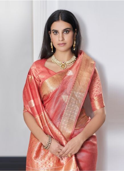 Light Coral Tissue Silk Banarasi Weaving Festive-Wear Saree
