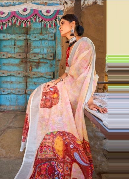 Light Peach & Maroon Digitally Printed Festive-Wear Linen-Cotton Saree