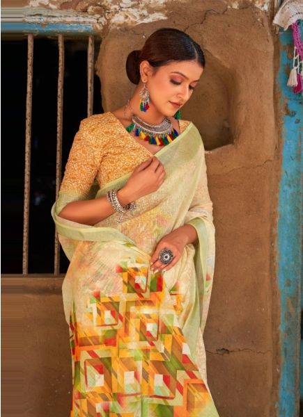 Light Yellow Digitally Printed Festive-Wear Linen-Cotton Saree