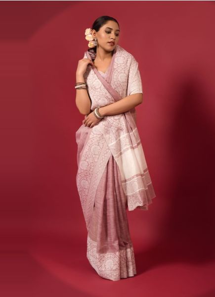 Pink Soft linen Chikankari Festive-Wear Lakhnavi Saree