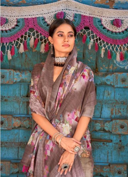 Brown Digitally Printed Festive-Wear Linen-Cotton Saree