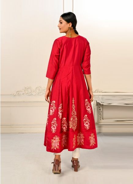 Red Cotton With Hand Printed Party-Wear Readymade Anarkali Kurti