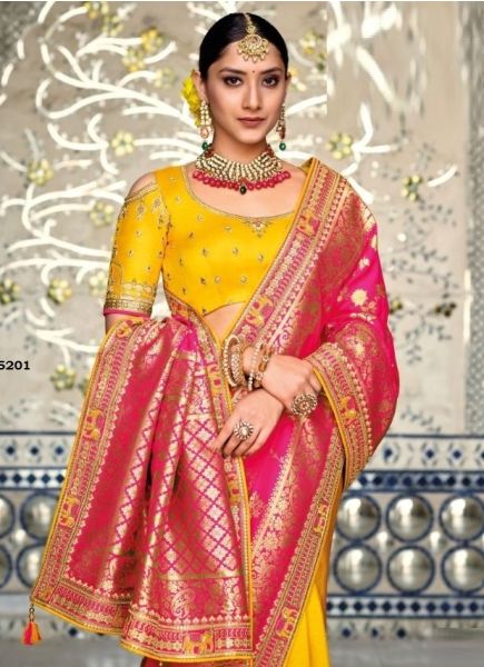 Deep Pink & Yellow Silk Embroidery Party-Wear Saree