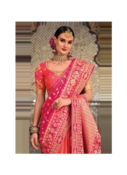 Deep Pink & Salmon Silk Embroidery Party-Wear Saree