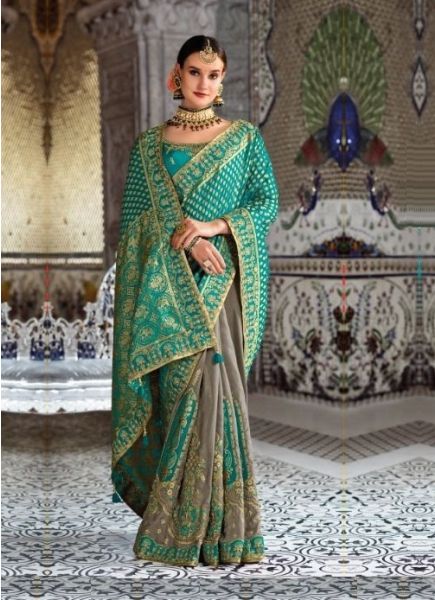 Teal Blue Silk Embroidery Party-Wear Saree