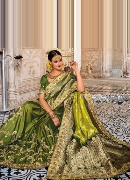 Olive Green Silk Embroidery Party-Wear Saree