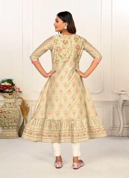 Light Sage Green Cotton With Hand Printed Party-Wear Readymade Anarkali Kurti