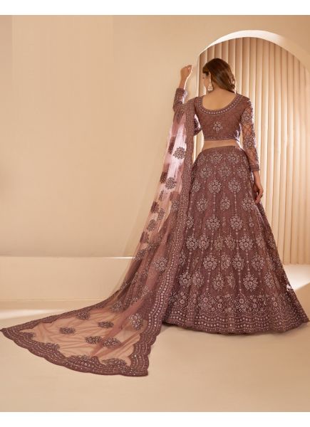 Brown Net With Silk Cording, Thread, Embroidery & Stone Work Wedding-Wear Bridal Lehenga Choli