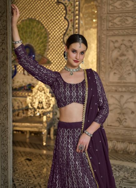 Dark Purple Georgette With Sequins, Embroidery & Can-Can Party-Wear Stylish Lehenga Choli