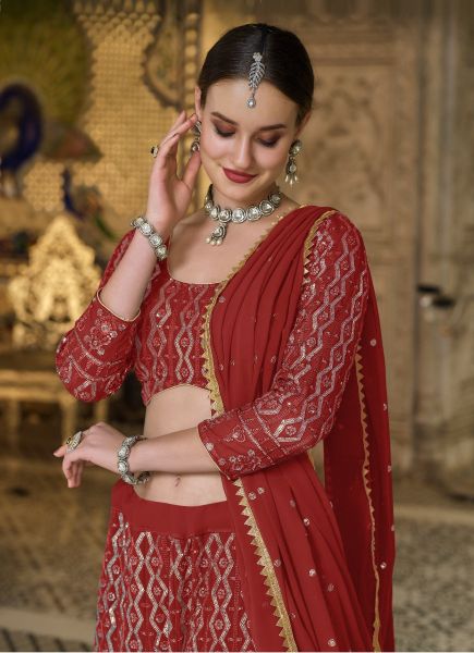 Dark Red Georgette With Sequins, Embroidery & Can-Can Party-Wear Stylish Lehenga Choli