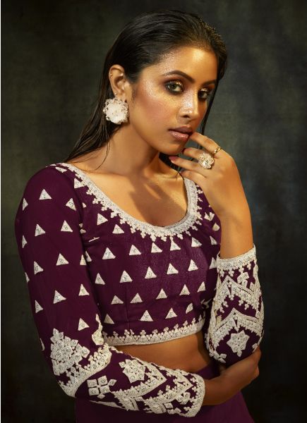 Dark Wine Net With Embroidery, Sequins & Thread-Work Party-Wear Stylish Lehenga Choli (With Can-Can)