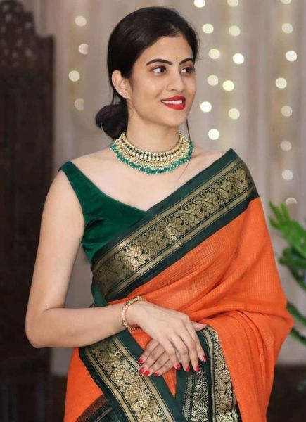 Dark Orange Soft Lichi Banarasi Silk Weaving Festive-Wear Checks Saree