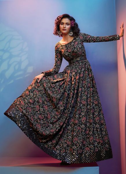 Black Crape, Sequins, Embroidered & Digital Printed Party-Wear Floor-Length Gown (With Belt)