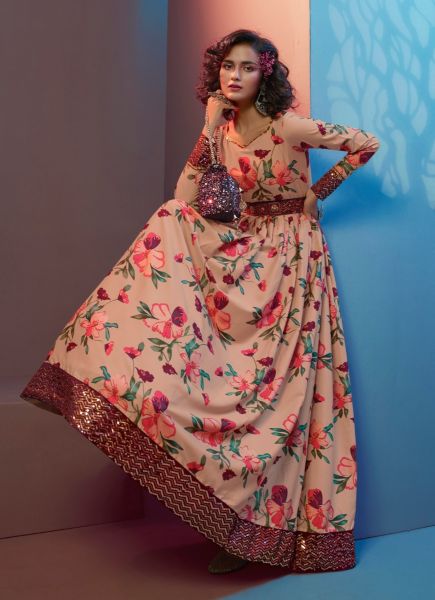 Peach Crape, Sequins, Embroidered & Digital Printed Party-Wear Floor-Length Gown (With Belt)