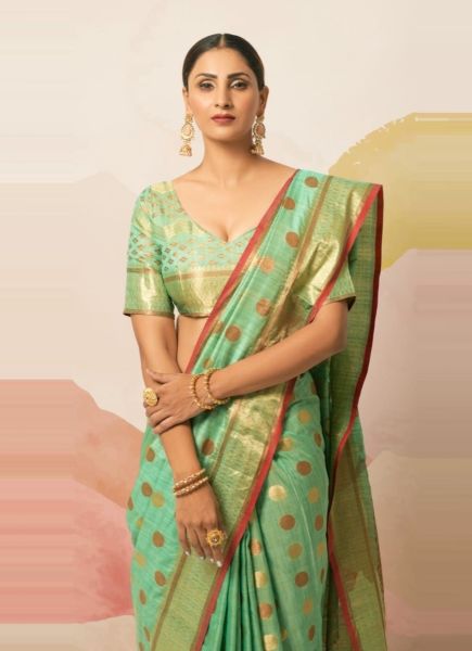 Mint Green Ghicha Silk With Zari Weaving Festive-Wear Saree