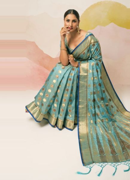 Sky Blue Ghicha Silk With Zari Weaving Festive-Wear Saree