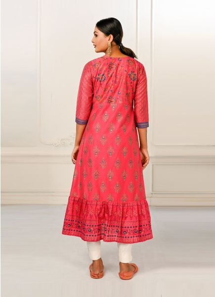 Coral Red Cotton With Hand Printed Party-Wear Readymade Anarkali Kurti
