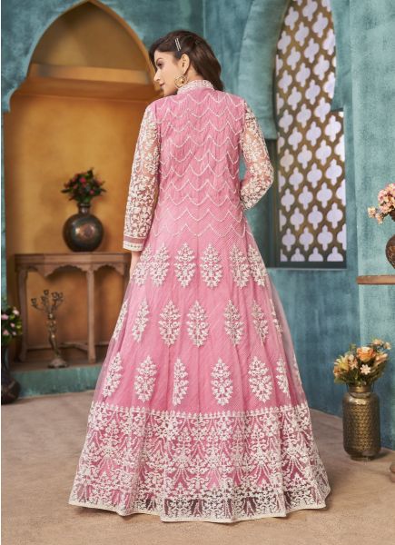 Pink Net Cording, Embroidered, Sequins & Thread-Work Party-Wear Front-Slit Salwar Kameez