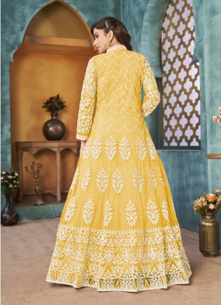 Yellow Net Cording, Embroidered, Sequins & Thread-Work Party-Wear Front-Slit Salwar Kameez