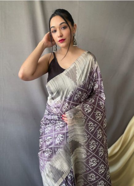 Purple Cotton Printed Summer-Wear Patola Silk Saree