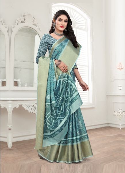 Light Blue Woven Silk Digital Printed Festive-Wear Saree