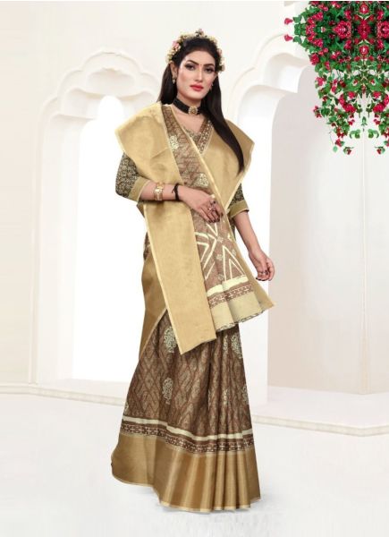 Brown Woven Silk Digital Printed Festive-Wear Saree
