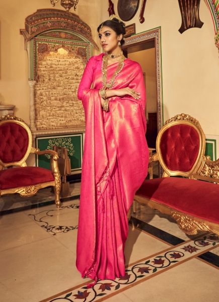 Deep Pink Soft Handloom Weaving Festive-Wear Kanjivaram Silk Saree