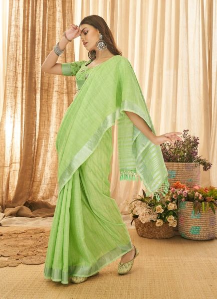 Light Green Linen Weaving Festive-Wear Foil Print Saree