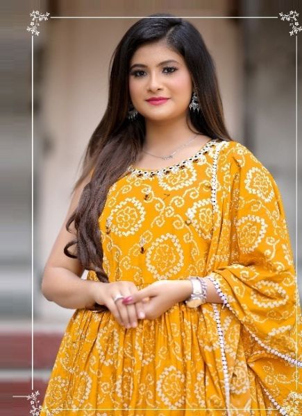 Orange Cotton, Embroidery, Mirror & Bandhani Print Party-Wear Sharara-Bottom Readymade Salwar Kameez