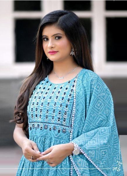 Sky Blue Cotton, Embroidery, Mirror & Bandhani Print Party-Wear Sharara-Bottom Readymade Salwar Kameez