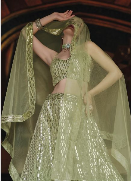 Light Olive Green Net With Sequins & Embroidery Work Party-Wear Stylish Lehenga Choli (With Can-Can) 