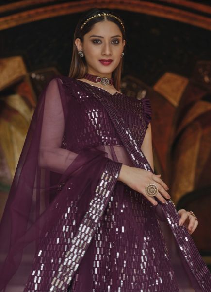 Purple Net With Sequins & Embroidery Work Party-Wear Stylish Lehenga Choli (With Can-Can) 