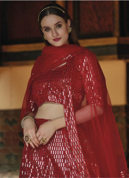 Red Net With Sequins & Embroidery Work Party-Wear Stylish Lehenga Choli (With Can-Can) 