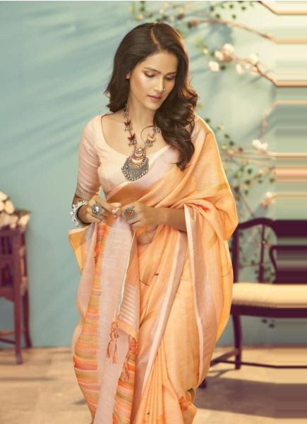 Light Orange Soft Linen Silk Printed Festive-Wear Fashionable Saree