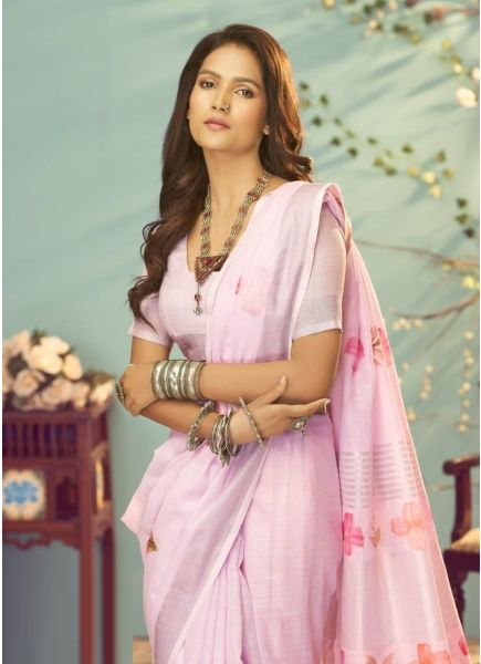 Light Pink Soft Linen Silk Printed Festive-Wear Fashionable Saree