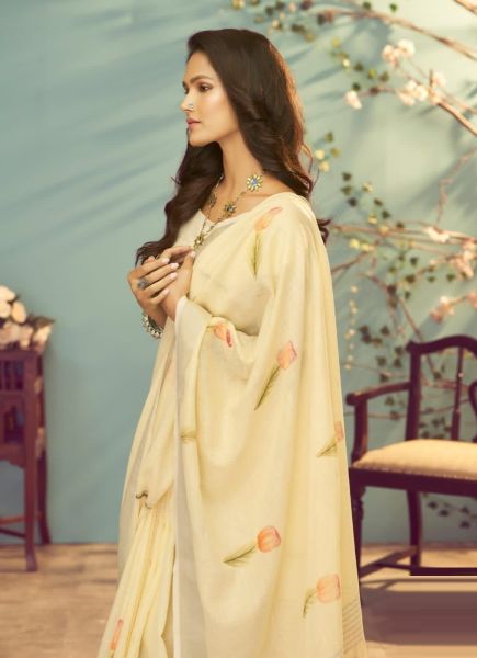 Cream Soft Linen Silk Printed Festive-Wear Fashionable Saree
