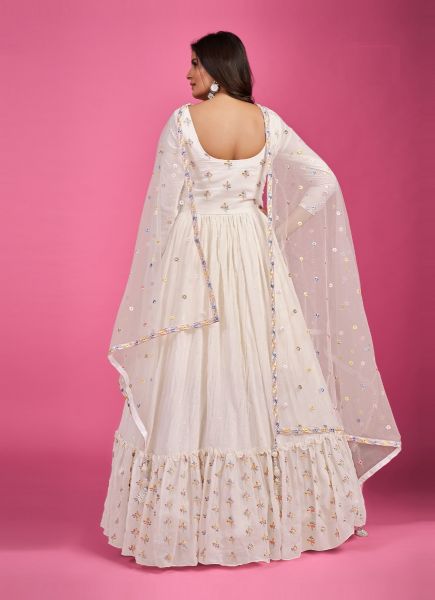 White Georgette Embroidery, Mirror, Pearl, Cut Dana & Thread-Work Party-Wear Readymade Gown With Dupatta
