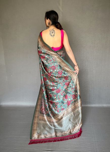 Dark Green Kalamkari Printed Festive-Wear Soft Silk Saree