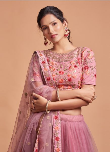 Pink Net With Zari, Dori, Sequins & Embroidery Work Party-Wear Stylish Lehenga Choli