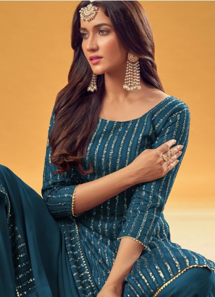 Sea Blue Georgette Sequins-Embroidered Party-Wear Palazzo-Bottom Salwar Kameez