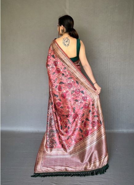 Light Coral Kalamkari Printed Festive-Wear Soft Silk Saree