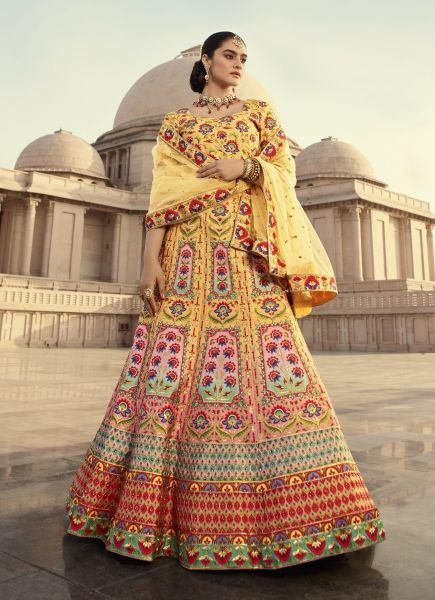 Yellow Art Silk Embroidery, Print, Diamond & Handwork Wedding-Wear Bridal Lehenga Choli
