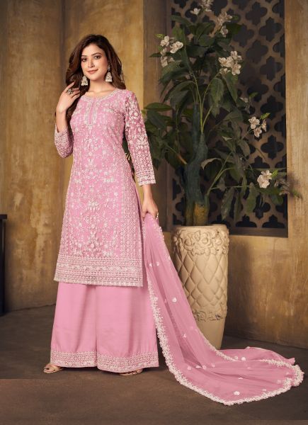Pink Net Embroidered Festive-Wear Palazzo-Bottom Salwar Kameez
