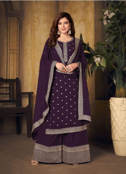 Dark Purple Georgette Embroidered Festive-Wear Palazzo-Bottom Salwar Kameez