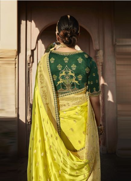Lime Yellow Dola Silk Embroidered Party-Wear Saree